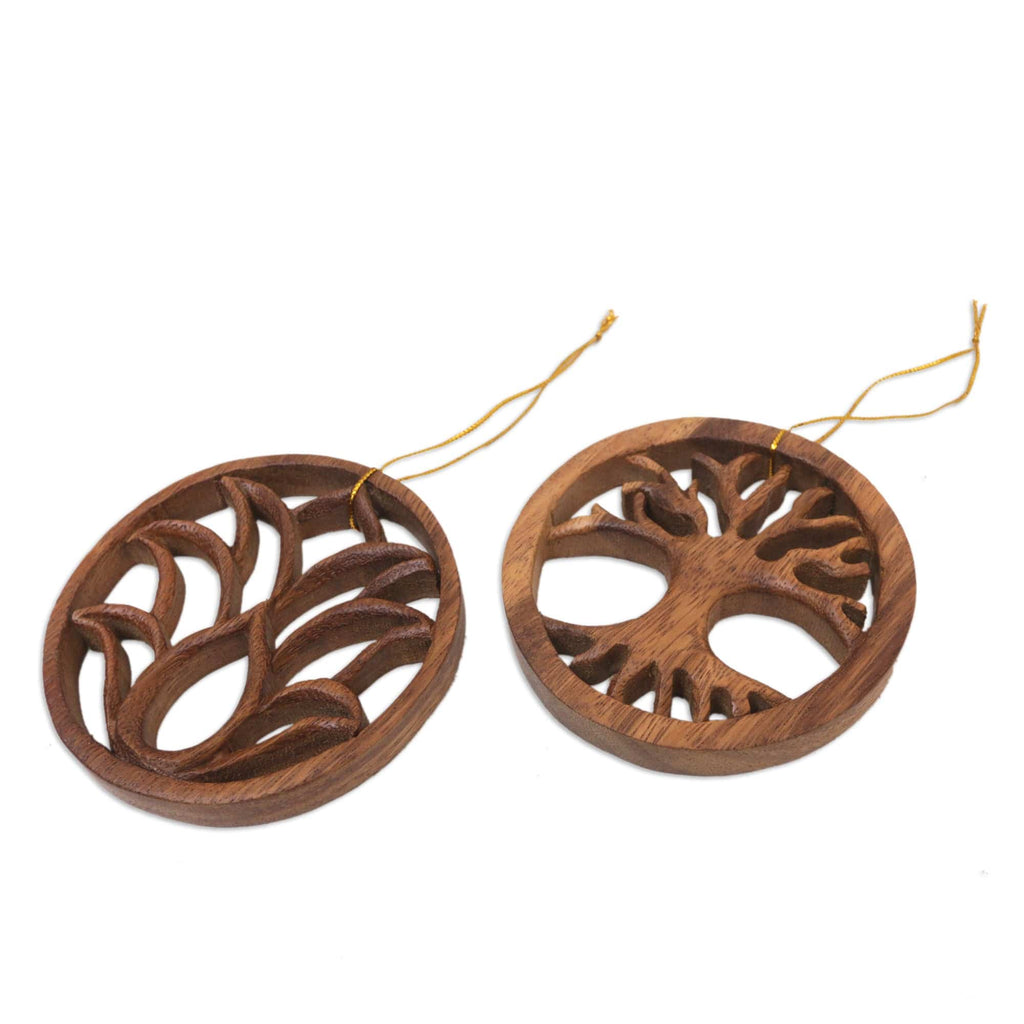 Pair of Hand-Carved Lotus Flower and Tree Wood Ornaments - Flower and Tree