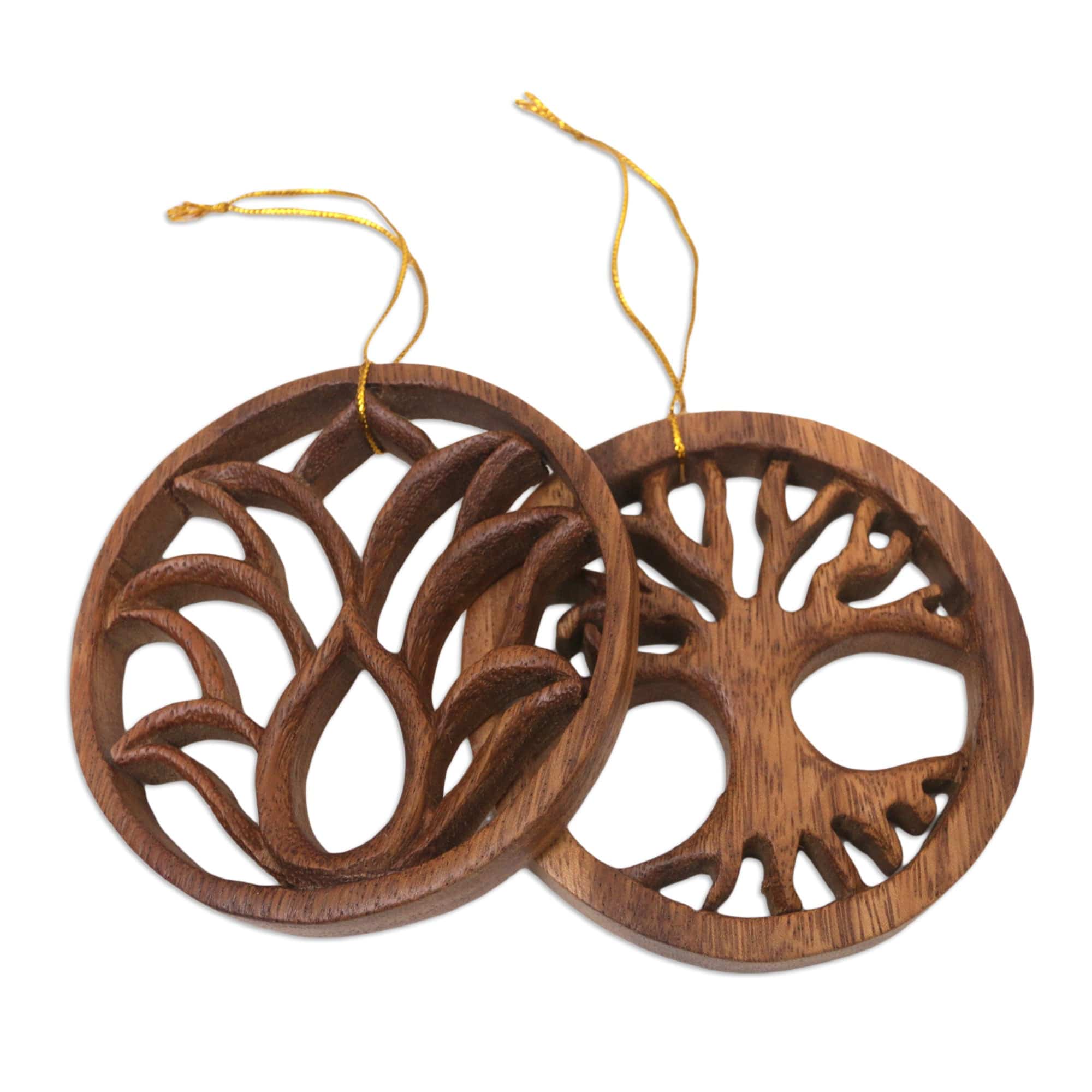 Pair of Hand-Carved Lotus Flower and Tree Wood Ornaments - Flower and Tree