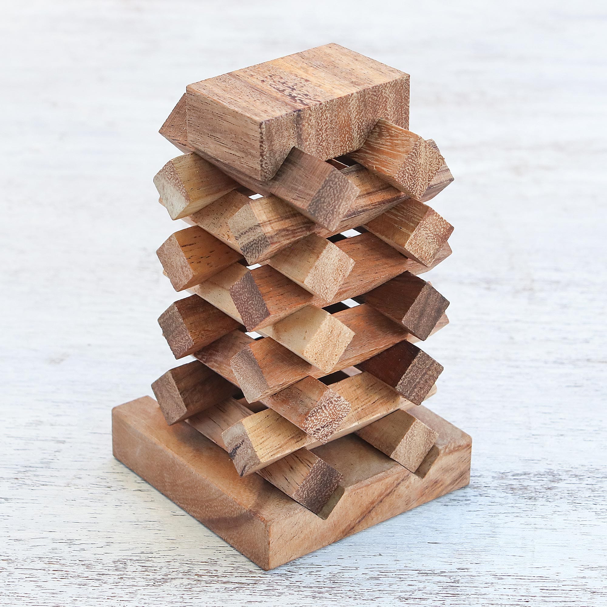 18-Piece Raintree Wood Tower Puzzle from Thailand - Tower of Pisa