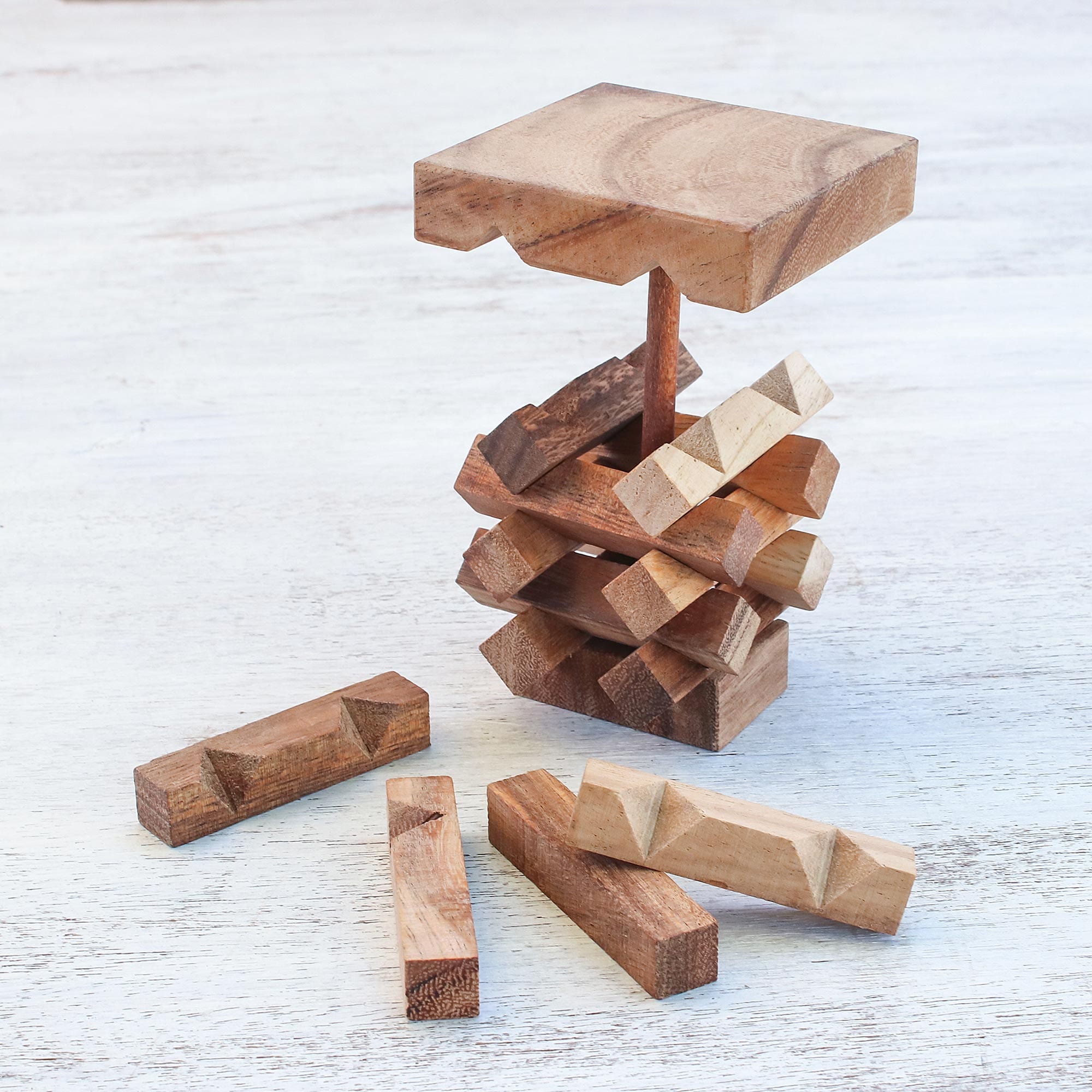 18-Piece Raintree Wood Tower Puzzle from Thailand - Tower of Pisa